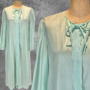 VINTAGE seafoam silky nylon house gown robe nightgown lace long sleeve midi 80s